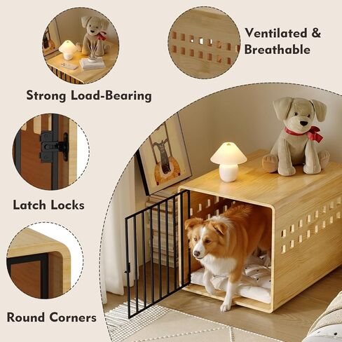 Solid Wooden Furniture Dog Crate for Medium & Small Dogs, Wooden Puppy Crate Table, Small Decorative Dog Kennel Indoor, Pet House End Table for Living Room, Bedroom Natural in Kuwait