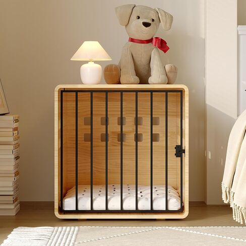Solid Wooden Furniture Dog Crate for Medium & Small Dogs, Wooden Puppy Crate Table, Small Decorative Dog Kennel Indoor, Pet House End Table for Living Room, Bedroom Natural in Kuwait