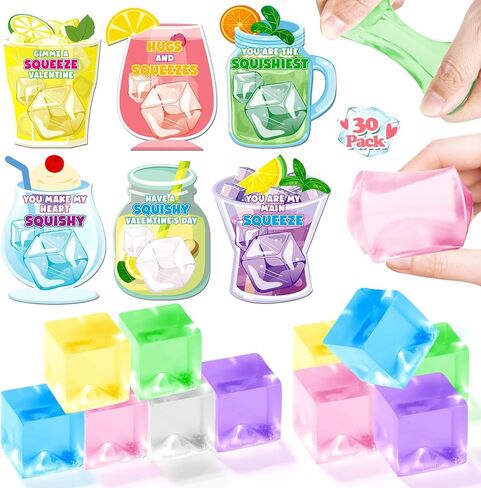 Valentines Gifts Cards for Kids, 30 Pack Ice Cube Squeeze with Greeting Card for Kid Classroom Exchange, Stretchy Stress Set for Boys Girls Toddler Gift School Party Favor in Saudi Arabia