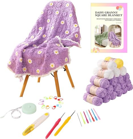 CSWCS Crochet Blanket Kit for Beginner, Purple Daisy Granny Square Throw Kit for Adults, Easy Learn How to Knitting with Yarn & Hook, Complete Starter Set with Step-by-Step Instructions (47'' x 39'') in Kuwait