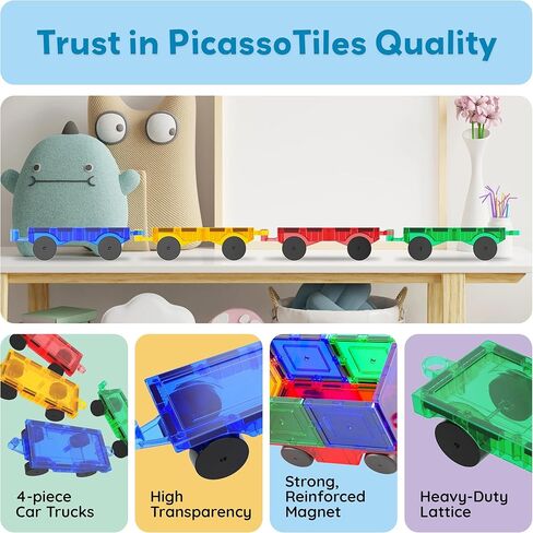 PicassoTiles 4 قطع من البلاط المغناطيسي للسيارة والشاحنة وبناء ملحقات البناء باللون الأصفر والأحمر والأخضر والأزرق المتوافقة مع مجموعات البلاط المغناطيسي مجموعات بناء تعلم العلوم والتكنولوجيا والهندسة والرياضيات للأولاد والبنات PT201 in Kuwait