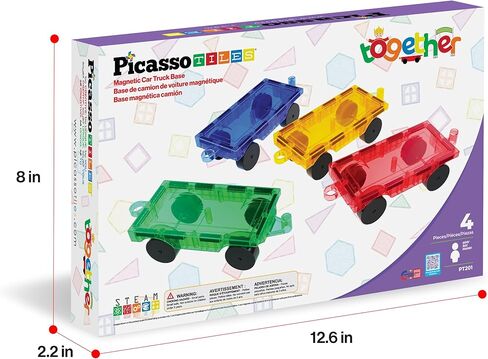 PicassoTiles 4 قطع من البلاط المغناطيسي للسيارة والشاحنة وبناء ملحقات البناء باللون الأصفر والأحمر والأخضر والأزرق المتوافقة مع مجموعات البلاط المغناطيسي مجموعات بناء تعلم العلوم والتكنولوجيا والهندسة والرياضيات للأولاد والبنات PT201 in Kuwait