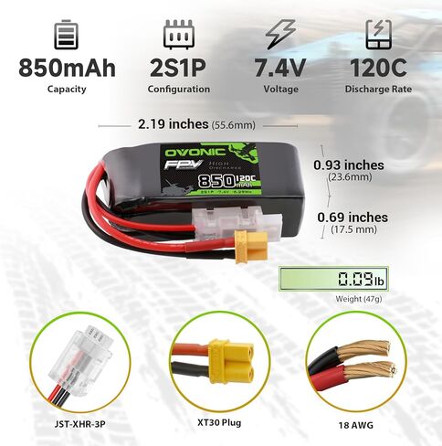 OVONIC 2S 850mAh Lipo Battery 7.4V 120C Battery with XT30 Plug for RC Car Truck RC Vehicles Boat Drone RC Airplane Quadcopter Helicopter FPV Racing Hobby Models [2pcs] in Saudi Arabia