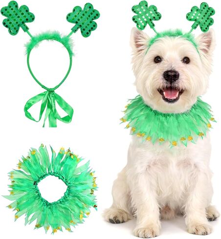 2Pcs St Patricks Day Dog Costume Green Clover Headband Adjustable Dog Ribbon Collar with Gold Shamrock Irish Dog Outfit for Small Medium Large Dogs in Saudi Arabia