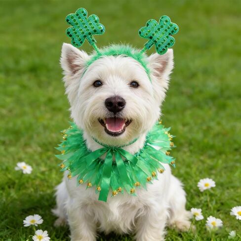 2Pcs St Patricks Day Dog Costume Green Clover Headband Adjustable Dog Ribbon Collar with Gold Shamrock Irish Dog Outfit for Small Medium Large Dogs in Saudi Arabia