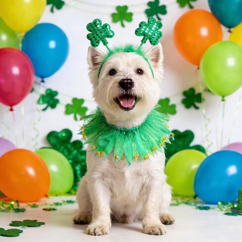 2Pcs St Patricks Day Dog Costume Green Clover Headband Adjustable Dog Ribbon Collar with Gold Shamrock Irish Dog Outfit for Small Medium Large Dogs in Saudi Arabia