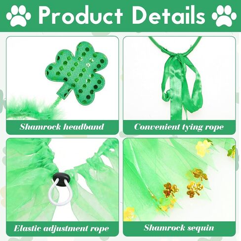 2Pcs St Patricks Day Dog Costume Green Clover Headband Adjustable Dog Ribbon Collar with Gold Shamrock Irish Dog Outfit for Small Medium Large Dogs in Saudi Arabia