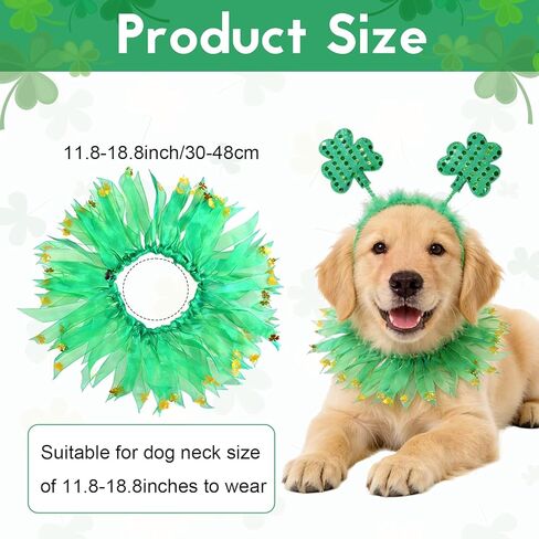 2Pcs St Patricks Day Dog Costume Green Clover Headband Adjustable Dog Ribbon Collar with Gold Shamrock Irish Dog Outfit for Small Medium Large Dogs in Saudi Arabia