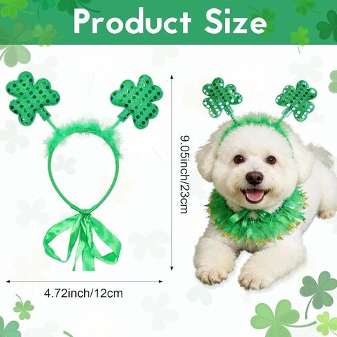 2Pcs St Patricks Day Dog Costume Green Clover Headband Adjustable Dog Ribbon Collar with Gold Shamrock Irish Dog Outfit for Small Medium Large Dogs in Saudi Arabia