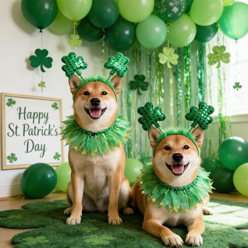 2Pcs St Patricks Day Dog Costume Green Clover Headband Adjustable Dog Ribbon Collar with Gold Shamrock Irish Dog Outfit for Small Medium Large Dogs in Saudi Arabia