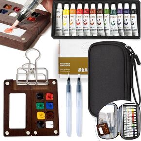 Watercolor Paint Set with Storage Bag Mini Watercolor Paint Kit for Travel Pocket Watercolor Set with 12 Colors Watercolor Painting Art Supplies with Easy Clean Wood palette Unique Creative Gift for Teens,Adults in Saudi Arabia