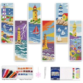 6 Set Bookmark Cross Stitch Kits Stitch with Instructions Lighthouse Summer Scenery Pattern 14CT Cross Stitch Kit for Beginners and Craft Enthusiasts Bookmark Accessories or Gifts,8'' x 2.4'' in Kuwait
