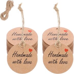 Dplolng 100 Pcs Handmade with Love Tags,1.2"Round Brown Paper Hanging Tag with String Handmade Tags for Hand Made Items Custom Made Gifts DIY Crafts Candle Tins Wedding Birthday Party Favors in Kuwait