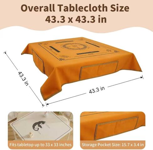 Dual-Use Mahjong Mat 43×43 Inches - Non-Slip Noise-Reducing, with Rules & 4 Side Pockets, Waterproof Stain-Resistant Mahjong Table Cloth, for Entertainment & Dining Dual Scenarios in Kuwait