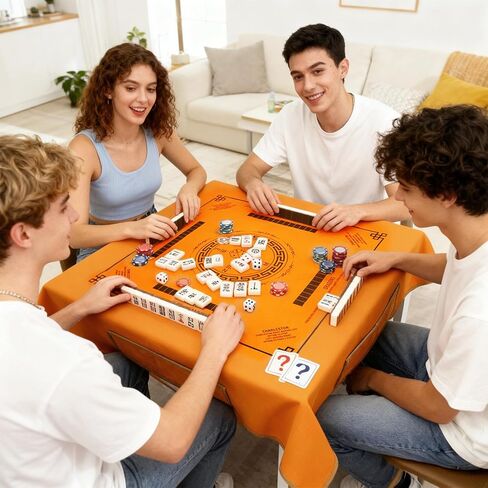 Dual-Use Mahjong Mat 43×43 Inches - Non-Slip Noise-Reducing, with Rules & 4 Side Pockets, Waterproof Stain-Resistant Mahjong Table Cloth, for Entertainment & Dining Dual Scenarios in Kuwait