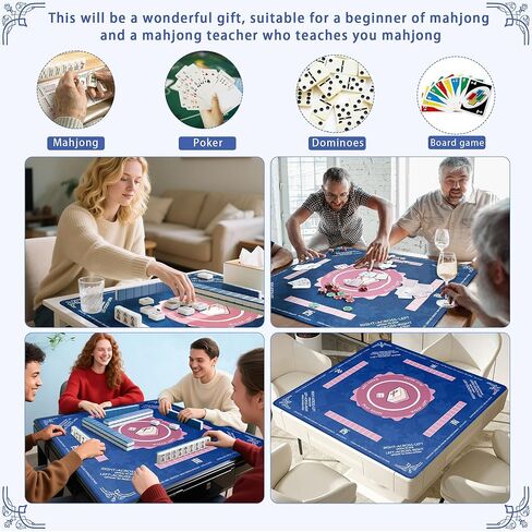 American Mahjong Mat 31"x31" with Rule- Professional Noise Reducing Rubber Dominoes Table Game Mat with Chinese Characters, Non-Slip Base & Velvet Bag - for Cards&Board Game Bule in Saudi Arabia