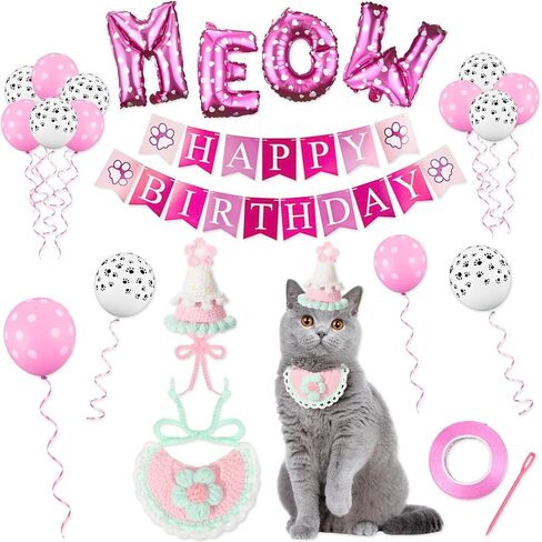 19 Pcs Cat Birthday Party Supplies Include Knit Hat Kitten Bib Happy Birthday Banner, Cat Paw Print Balloons Meow Letter Balloons for Pet Party Decorations (Blue,Fresh) in Saudi Arabia