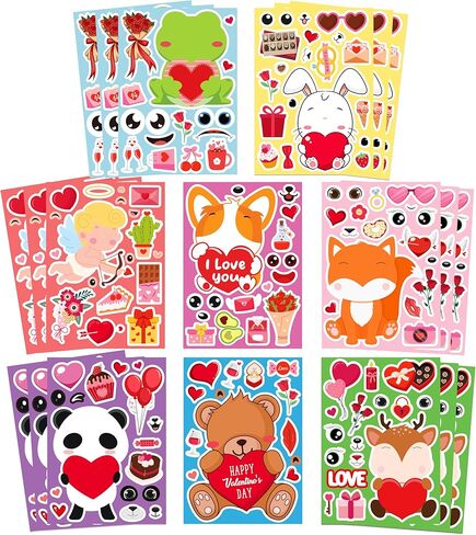 24 Sheets Valentine's Day Make a Face Stickers, 8 Designs DIY Animal Stickers Classroom Crafts, Valentines Day Gifts for Toddlers, Party Favors Supplies in Saudi Arabia