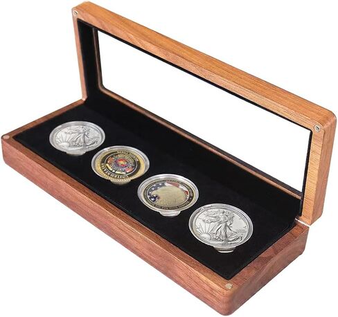 حافظة عرض العملات المعدنية من تشالينج، صندوق عرض عملات معدنية واحدة، صندوق تخزين عملات الدولار الفضي، أربعة فتحات للعملات المعدنية من الخشب مقاس 1.5-1.77 بوصة، حافظات للعملات المعدنية لهواة الجمع مع حجم حشية قابل للتعديل in Kuwait