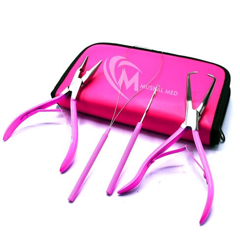 Professional Hair Extension & Beading Tool Kit Remove Plier Set for beads (4 Piece) I-Link Micro Ring Loop Needle Pulling Hook Threader Wire for Silicone Rings (Hot Pink) in Saudi Arabia