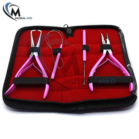 Professional Hair Extension & Beading Tool Kit Remove Plier Set for beads (4 Piece) I-Link Micro Ring Loop Needle Pulling Hook Threader Wire for Silicone Rings (Hot Pink) in Saudi Arabia