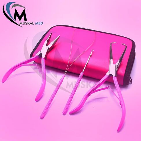 Professional Hair Extension & Beading Tool Kit Remove Plier Set for beads (4 Piece) I-Link Micro Ring Loop Needle Pulling Hook Threader Wire for Silicone Rings (Hot Pink) in Saudi Arabia