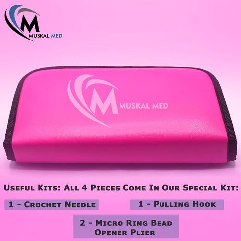 Professional Hair Extension & Beading Tool Kit Remove Plier Set for beads (4 Piece) I-Link Micro Ring Loop Needle Pulling Hook Threader Wire for Silicone Rings (Hot Pink) in Saudi Arabia