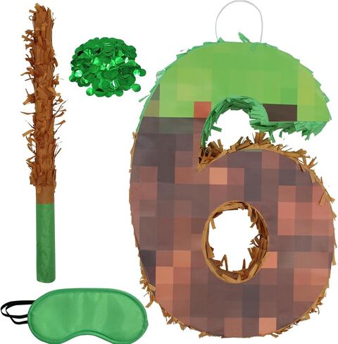 Number 6 Pixel Pinata,Birthday Pinata withwith Blindfold,Confetti and Bat Stick for Groovy Hippie Theme Birthday Party Game Decorations Photo Props Wedding Christmas Party Supplies in Saudi Arabia