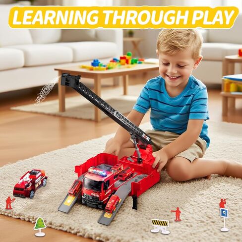 Fire Truck Toy with Extending Ladder, Musical Rescue Vehicle Playset with Lights and Sound, Educational Gift for Kids (Fire Truck) in Saudi Arabia