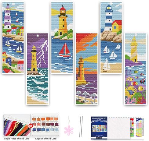 6 Set Bookmark Cross Stitch Kits Stitch with Instructions Lighthouse Summer Scenery Pattern 14CT Cross Stitch Kit for Beginners and Craft Enthusiasts Bookmark Accessories or Gifts,8'' x 2.4'' in Kuwait