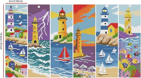 6 Set Bookmark Cross Stitch Kits Stitch with Instructions Lighthouse Summer Scenery Pattern 14CT Cross Stitch Kit for Beginners and Craft Enthusiasts Bookmark Accessories or Gifts,8'' x 2.4'' in Kuwait
