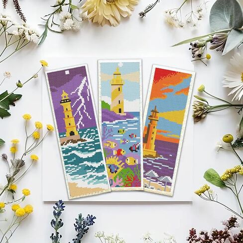 6 Set Bookmark Cross Stitch Kits Stitch with Instructions Lighthouse Summer Scenery Pattern 14CT Cross Stitch Kit for Beginners and Craft Enthusiasts Bookmark Accessories or Gifts,8'' x 2.4'' in Kuwait
