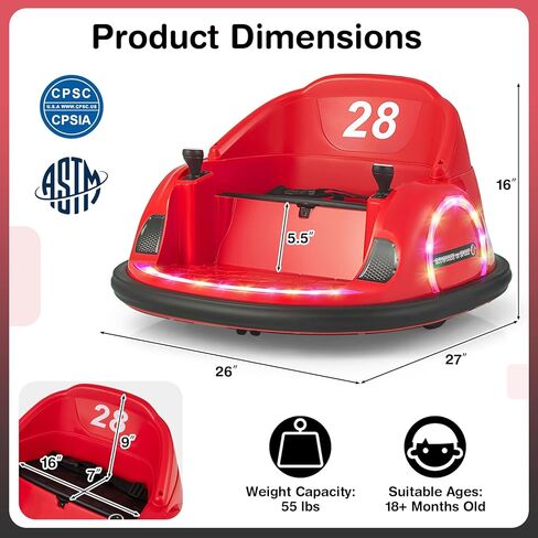 GLACER 12V Bumper Car, Electric Kids Bumper Car w/Parental Remote, 3-Speed, 360°Spin, Music, LED Light, Battery Ride on Bumper Car w/Dual Joysticks, Baby Bumper Car for Toddlers 18 Months+ (Red) in Saudi Arabia