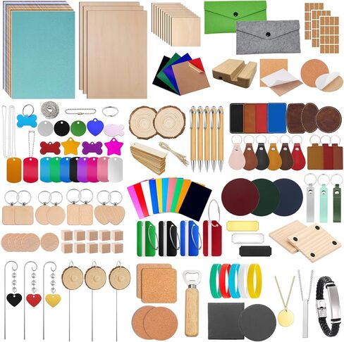 مجموعة استكشاف مواد النقش بالليزر Leafcraft 218 قطعة، 31 نوعًا من ملحقات النقش بالليزر تتضمن الأكريليك والمعادن والخشب واللباد وجلد البولي يوريثان والفلين والصخور والمطاط لآلة النقش اليدوية in Kuwait