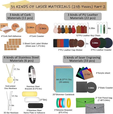 مجموعة استكشاف مواد النقش بالليزر Leafcraft 218 قطعة، 31 نوعًا من ملحقات النقش بالليزر تتضمن الأكريليك والمعادن والخشب واللباد وجلد البولي يوريثان والفلين والصخور والمطاط لآلة النقش اليدوية in Kuwait