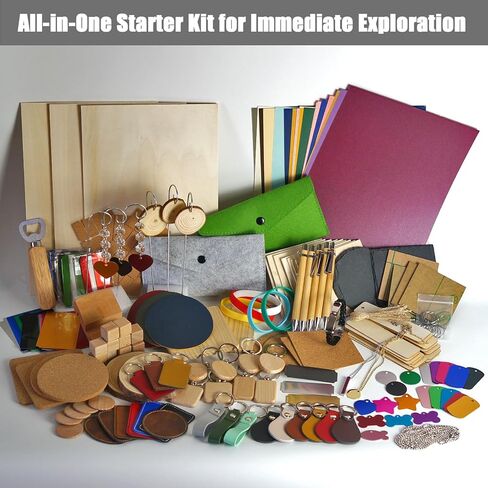 مجموعة استكشاف مواد النقش بالليزر Leafcraft 218 قطعة، 31 نوعًا من ملحقات النقش بالليزر تتضمن الأكريليك والمعادن والخشب واللباد وجلد البولي يوريثان والفلين والصخور والمطاط لآلة النقش اليدوية in Kuwait