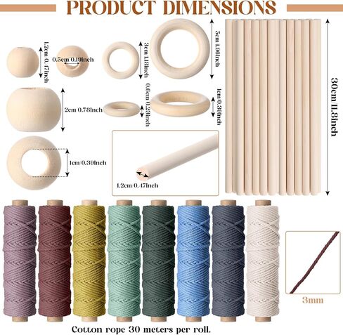 Wesnoy 268 Pcs Macrame Kits for Adults Beginners Weaving Supplies with 3 mm Macrame Cord Cotton, Wooden Beads, Wooden Rings and Sticks for DIY Plant Hangers Wall Hangings Christmas Crafts in Saudi Arabia