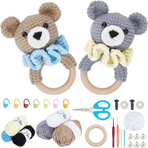 WEBEEDY 2 Sets Crochet Kit for Beginners, DIY Bear Crochet Rattle Kit with Video Tutorial, Yarn, Hook, Thread for Adults, Complete Sewing Animal Rattle Kit Handmade Gift Supplies in Saudi Arabia