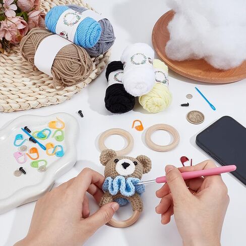 WEBEEDY 2 Sets Crochet Kit for Beginners, DIY Bear Crochet Rattle Kit with Video Tutorial, Yarn, Hook, Thread for Adults, Complete Sewing Animal Rattle Kit Handmade Gift Supplies in Saudi Arabia
