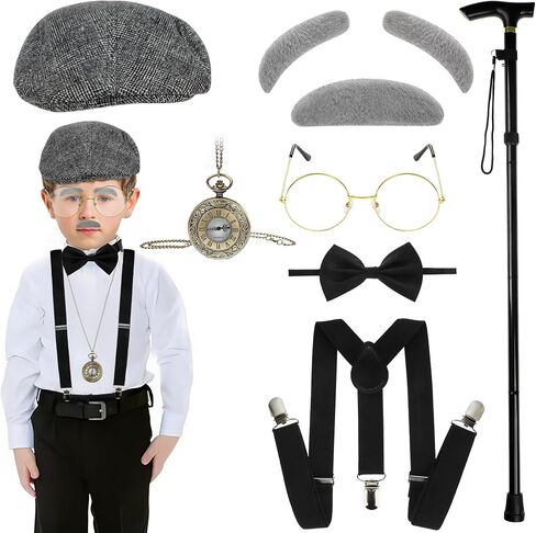 Augisteen 100 Days of School Costume for Boys Kids Old Man Costume Set Including Hat Y-shaped Suspenders Bow Tie Cane Glasses Beard Eyebrows Pocket Watch for Boys Grandpa Dress Up Accessories in Saudi Arabia