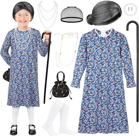 AOTHSO 10 Pcs Kids Old Lady Costume 100 Days of School Costume for Girls Halloween Grandma Dress with Wig Granny Cane for Kid in Saudi Arabia