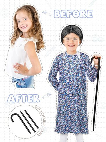 AOTHSO 10 Pcs Kids Old Lady Costume 100 Days of School Costume for Girls Halloween Grandma Dress with Wig Granny Cane for Kid in Saudi Arabia