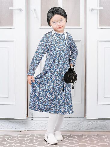 AOTHSO 10 Pcs Kids Old Lady Costume 100 Days of School Costume for Girls Halloween Grandma Dress with Wig Granny Cane for Kid in Saudi Arabia