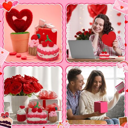 3 قطع هدايا كروشيه لعيد الحب للنساء من الكروشيه، هدية دمية كب كيك مع بطاقات صندوق وردية لعيد الحب، الأخت الصغيرة الكبيرة، عيد الأم، ديكور الزفاف in Kuwait