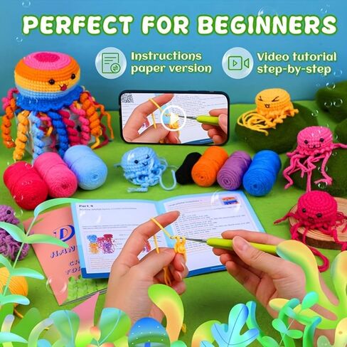 Crochet Kit for Beginners, 6 Pack Jellyfish Crochet Starter Kit with Instructions and Video Tutorials, Easy to Learn Crochet Animal Kit for Adults, Knitting Kit for Beginner in Saudi Arabia