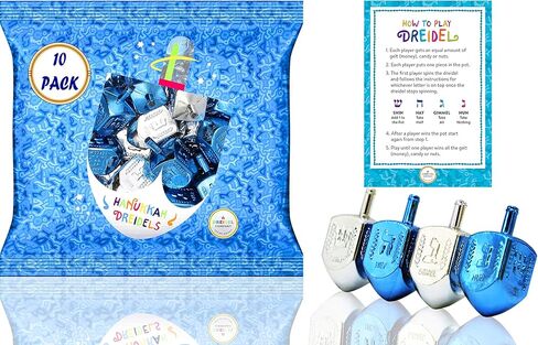 مجموعة Dreidel Company مكونة من 10 قطع من بلاستيك هانوكا الفضي والأزرق المعدني مع ترجمة باللغة الإنجليزية، تتضمن القمصان الدوارة بطاقة تعليمات لعبة Dreidel in Kuwait