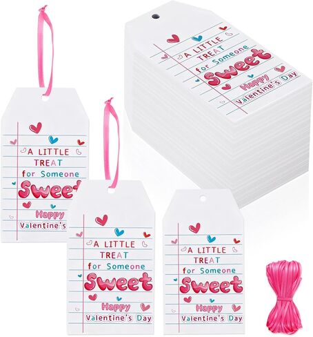100 Pcs Valentine Tags Tie on Valentine's Day Gift Tags with Pink Satin Ribbon A Little Treat for Someone Sweet Tags Happy Valentine's Day Paper Gift Tags for Present Holiday Favors Wrapping Supplies in Saudi Arabia