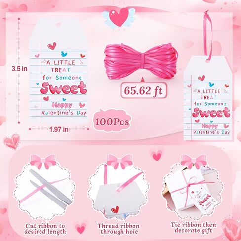 100 Pcs Valentine Tags Tie on Valentine's Day Gift Tags with Pink Satin Ribbon A Little Treat for Someone Sweet Tags Happy Valentine's Day Paper Gift Tags for Present Holiday Favors Wrapping Supplies in Saudi Arabia