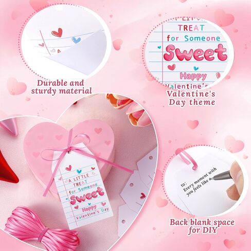 100 Pcs Valentine Tags Tie on Valentine's Day Gift Tags with Pink Satin Ribbon A Little Treat for Someone Sweet Tags Happy Valentine's Day Paper Gift Tags for Present Holiday Favors Wrapping Supplies in Saudi Arabia