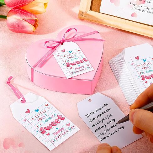 100 Pcs Valentine Tags Tie on Valentine's Day Gift Tags with Pink Satin Ribbon A Little Treat for Someone Sweet Tags Happy Valentine's Day Paper Gift Tags for Present Holiday Favors Wrapping Supplies in Saudi Arabia